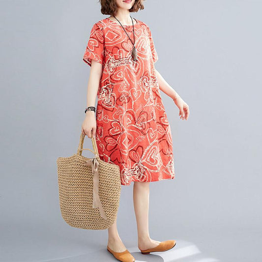 Short-sleeved Dress Summer Loose Large Size Fat and Thinner Round Neck Floral Mid-length Dress