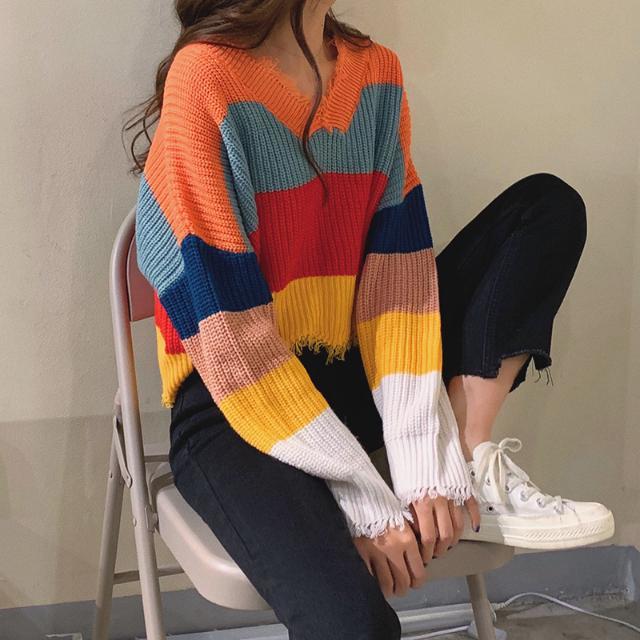 Loose College Style Knitwear for Women Early Autumn Rainbow Stripe Splicing Color Sweater Fringed Short Blouse