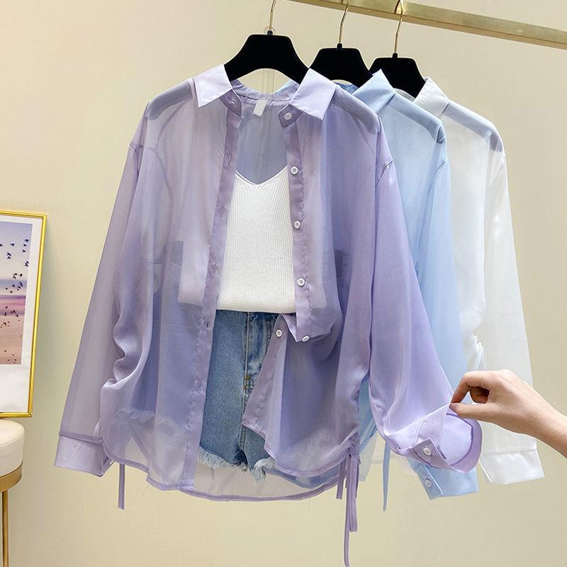 Sun Protection Clothing Women's Summer Thin Long-sleeved Shirt Jacket Pearl Chiffon Cardigan Air-conditioning Shirt