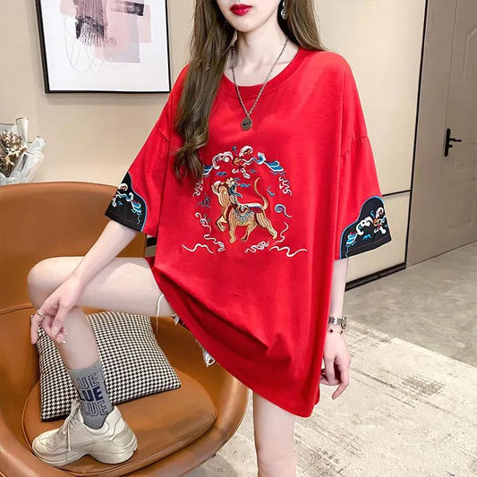 Chinese Style Embroidery Round Neck T-shirt Summer Loose Breathable Women's Tops Ladies Basic Tee Shirt