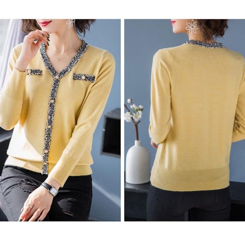 Autumn and Winter Pullover V-neck Raw Edge Stitching Long-sleeved Knit Sweater Loose Bottoming Top Women