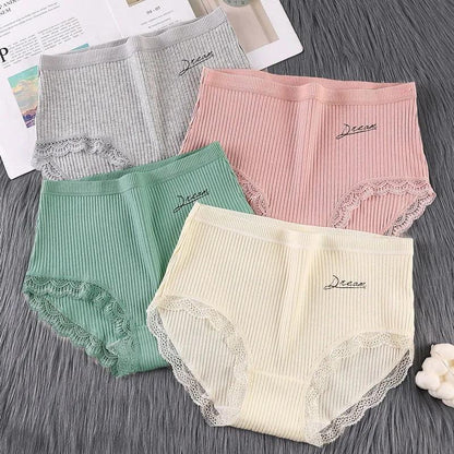 4PCS High-waisted Underwear Women's Cotton Crotch Antibacterial Large Size Abdomen Sexy Underwear Ladies Japanese Style Hip-lifting Girl Lace Briefs