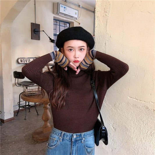 Women's Knitted Long-sleeved Hit Color Turtleneck Sweater Slim Pullover Bottoming Sweater