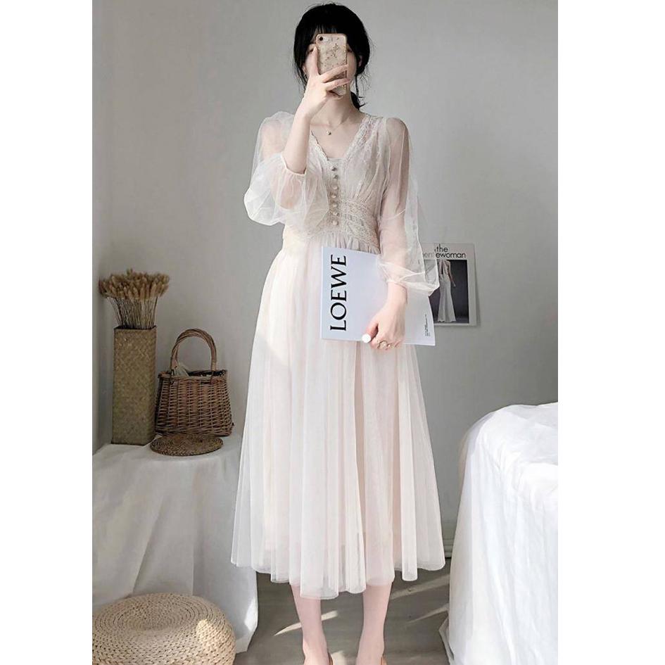 Women Dress V-neck Puff Sleeve Mesh Midi Dress Tulle Lace Dress Elegant Long Dress Vestidos