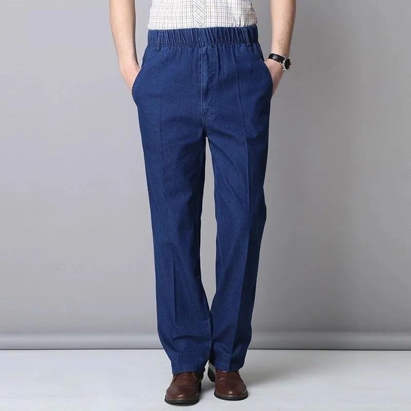 Summer Thin Middle-aged and Elderly Men's Stretch-waist Jeans Loose High-waist Straight-leg Cotton Casual Jeans