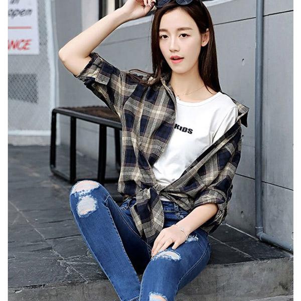 Bow Striped Retro Plaid Long Sleeve Shirt Women's Loose Large Size Mid Length Cardigan Shawl