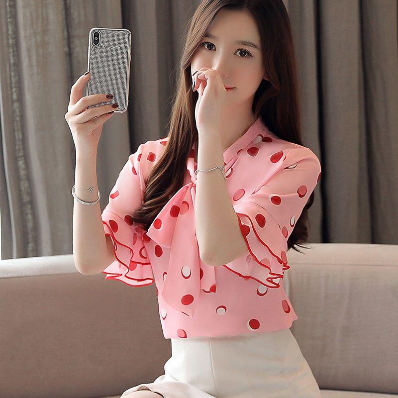 Sweet Shirt Summer Polka Dot Half-sleeved Top Women's Lotus Leaf Collar Polka Dot Shirt Short-sleeved Chiffon Shirt Tie Bow Shirt