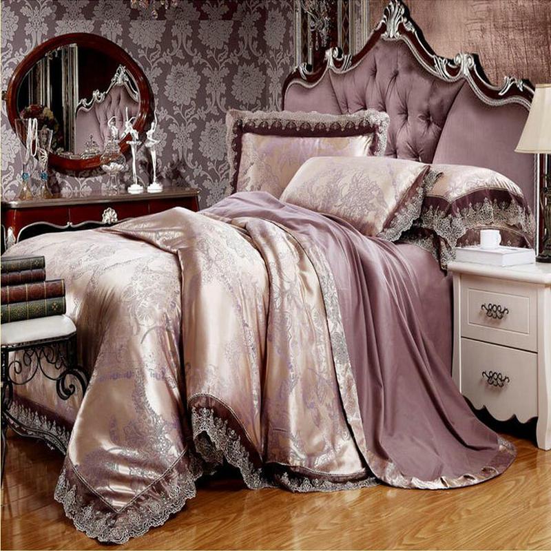 Europe Style Jacquard Bedding Set 4 Pcs Lace Bedclothes Bed Set Satin Duvet Cover