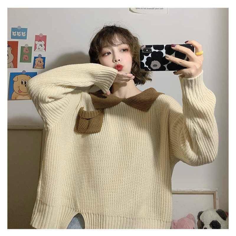 Autumn Winter Students Hit Color POLO Collar Loose Ins Lazy Long-sleeved Sweater Korean Version Trendy Tops