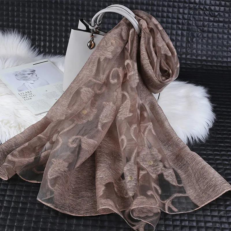 Women's Acrylic Linen Lace Silk Scarf Neck Conver Korean Scarves Long Gauze Scarf Pure Color Auspicious Cloud Embroidery Cut Flower High Quality Shawl