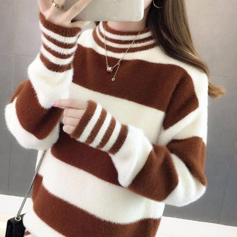 Striped Sweater Autumn and Winter Turtleneck Sweater Thick Warm Sweater Women Loose Large Size