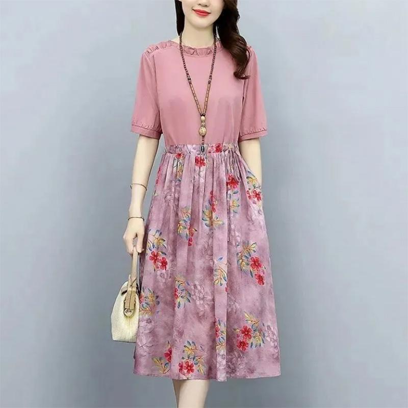 Cotton and Linen Floral Stitching Dress Women's Waist Slimming Temperament Age-reducing Large Size Mid-length A-line Skirt