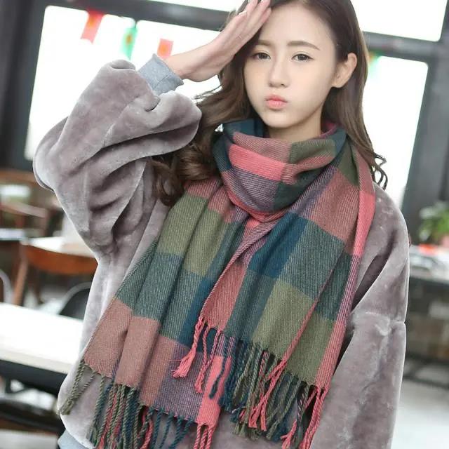 Women's Scarf Winter Thickening and Long Tassel Scarf Korean Color Plaid Knitted Scarf Shawl Dual-use