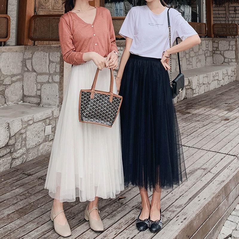 Mesh Skirt Skirt Women's Spring and Summer Pleated Skirt A-line Skirt Mid-length Skirt All-match Princess Skirt