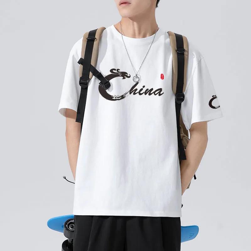 Summer T-shirt China Alphabet Print Tees O-neck Short Sleeve Thin Shirt Chinese Style Casual Loose Pullover Men Clothing