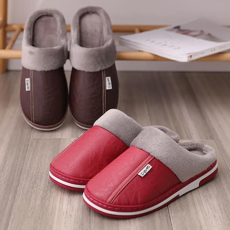 Autumn Winter Women's Home Indoor Waterproof Non-slip Thick-soled Warm Couple Thickened Pu Cotton Slippers