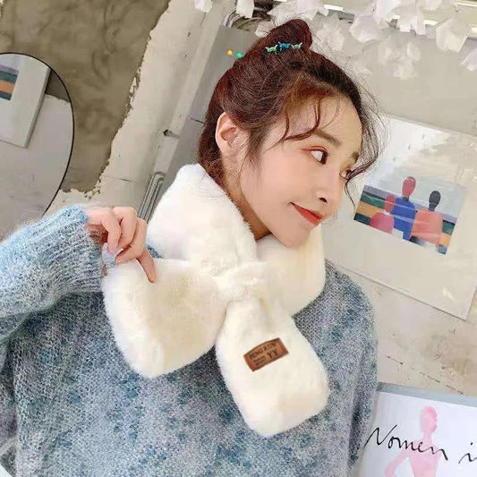 Korean Version Fashion Solid Color Labelling Scarf Women's Winter Imitation Rabbit Fur Plush Scarf