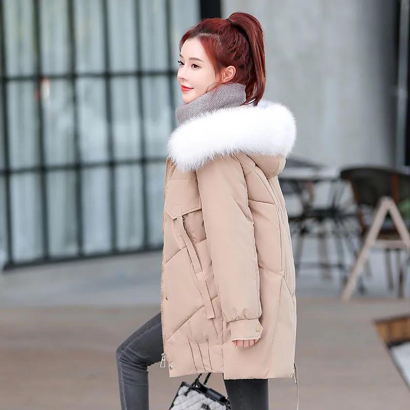 Winter Women's Big Fur Collar Down Jacket Solid Color Hooded Cotton Jacket Mid-length Korean Version of Slim and Thick Warm Down Jacket