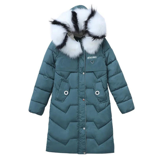 Ladies Down Jacket Winter Fashion Big Fur Collar Hooded Jacket Thick and Cotton Warm Mid-length Jacket