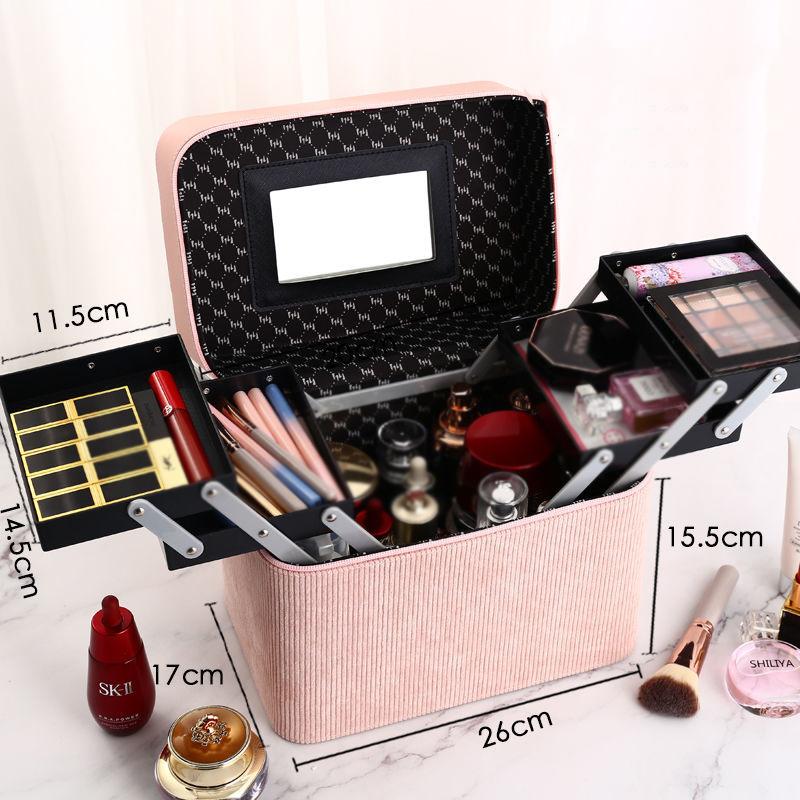 Portable Cosmetic Bag, Large Capacity Advanced Flannel Multi-layer Cosmetic Case Multifunctional Portable Cosmetic Storage Box