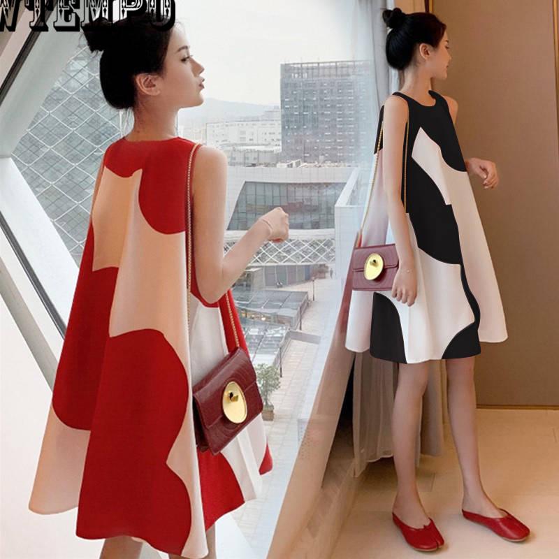 Patchwork Dresses For Women O Neck Half Sleeve Loose Oversize Midi Dress Sundress Short Sleeve Mini