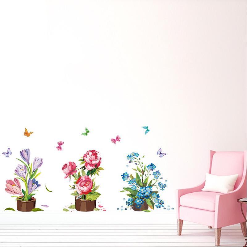 Hand-painted potted plants removable colorful flower waterproof wall sticker nature scene wallpaper