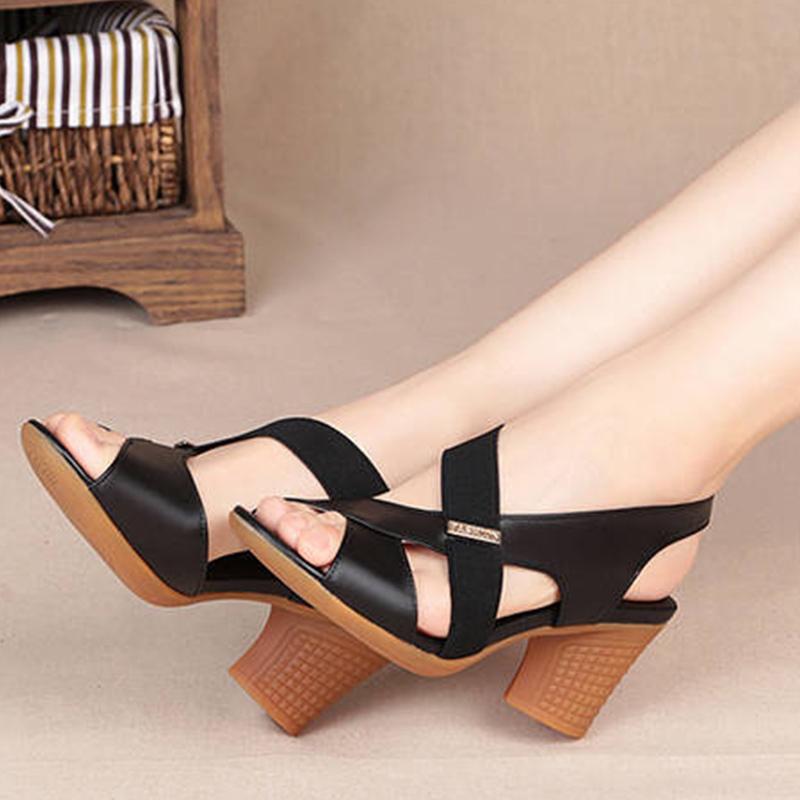 Mid-heel Sandals Women's Summer High-heeled Shoes Thick-heeled Fish Mouth Shoes Middle-aged and Elderly Comfortable Non-slip Soft Sole