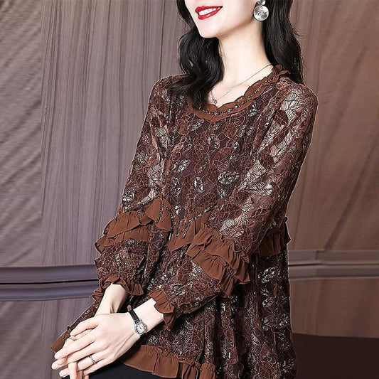 Women's Plus Size Lace Blouse Spring and Autumn Clothes Temperament All-match Loose Western Style Bottoming Shirt Women