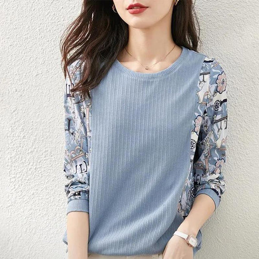 Letter Print Fake Two Piece Top Round Neck Large Size Loose Long Sleeve Spring and Autumn Women's Sweater