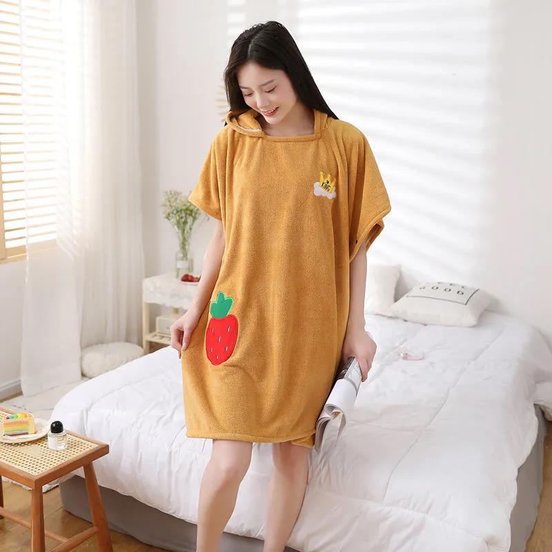 WTEMP Bath Towel Female Wearable Adult Bathrobe with Hood Cape Coral Fleece Bath Skirt Super Absorbent Home Night Gown