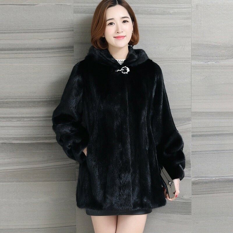 Faux Mink Coat Women's Mid-length Autumn and Winter Thickening Large Size Imitation Mink Fleece Hooded Fur Coat Women Are Thin