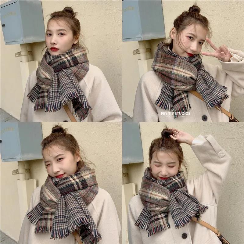 Winter Imitation Cashmere Scarf Korean Fashion Fringed Plaid Scarf Women's Dual-use Lengthened Thick Shawl Scarf