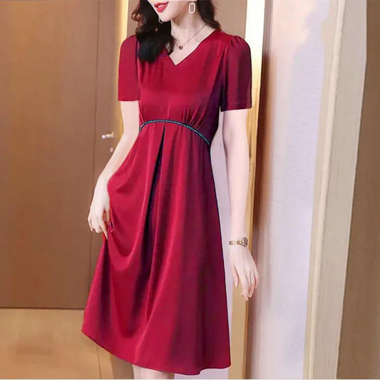 Women Summer Vintage High Waist Solid Color Dress Elegant Slim Chiffon Short Sleeve Pleated Casual Dress