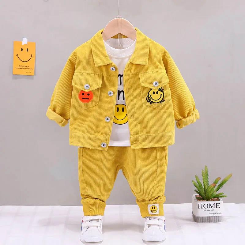 Boys spring and autumn suits baby thin three-piece set printing contrast color design smiley pattern long-sleeved jacket top pants three-piece set