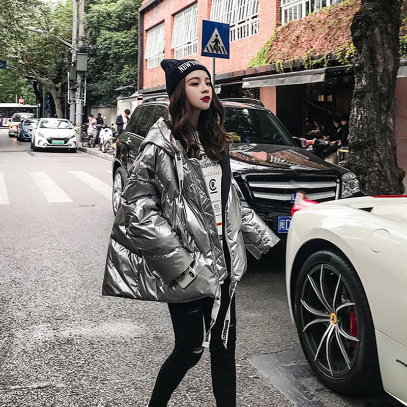 Women's Shiny Short Down Jacket Winter Korean Style Loose Quilted Jacket Casual Stand-collar Padded Jacket