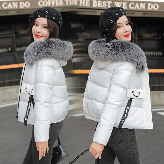 Women's Solid Color Down Jacket Mid-length Korean Loose Thick Coat Warm Cotton Coat Big Fur Collar Winter Clothes Quilted Coat