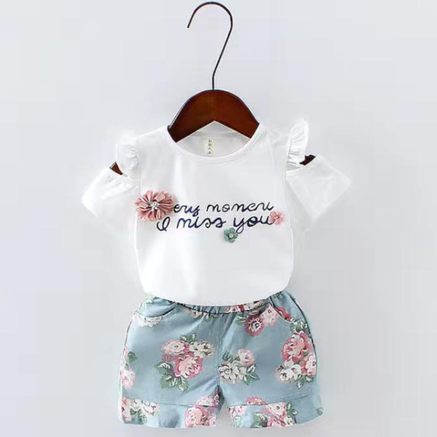 2PCS Children Clothing Set Spring Summer Girls Suits Printing Short Sleeve Tops + Pants Clothing Set