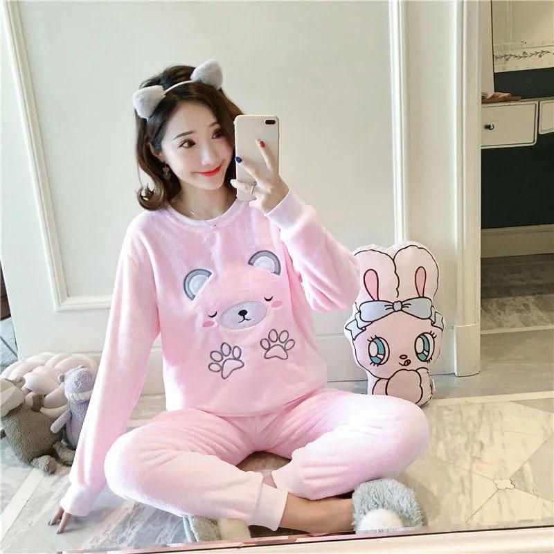 Women's Coral Fleece Pajamas Set Thickened Warm Cute Cartoon Long-sleeves Flannel House Wear Suit Comfortable Loose Sleepwear