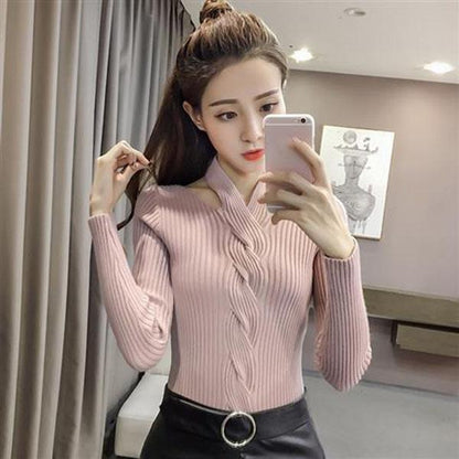 Autumn and Winter Hanging Neck Casual Sweater Retro Scottish Style Top V-neck Thin Women's Bottoming Shirt