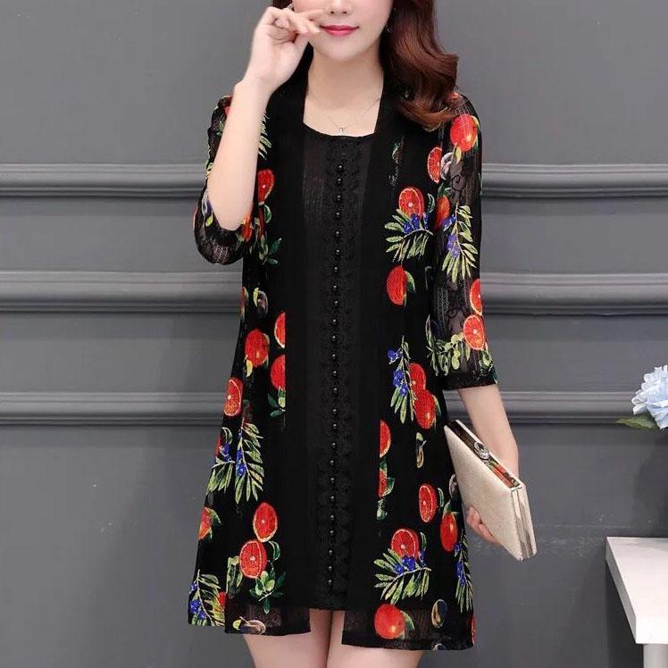 M-5XL Women's Spring and Summer Plus Size Lace Cardigan Female Printed Mid-length Shawl Slim Hollow-carved Design Thin Coat