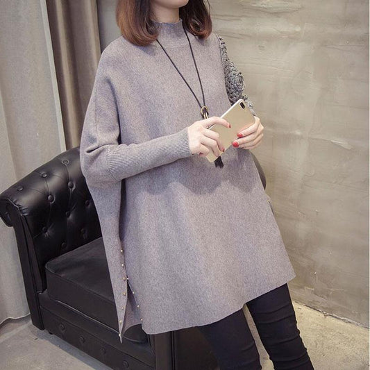 Autumn and Winter Long Bat Sleeve Sweater Half High Neck Knitted Loose Top Casual Large Size Women's Jacket