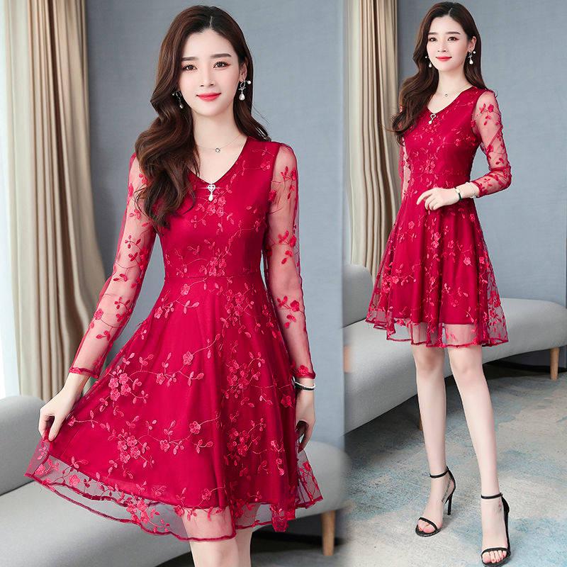 Fashion Sexy Lace Dress Spring Summer Knee-length V-neck Mesh Hollow Full Sleeve Party Dress