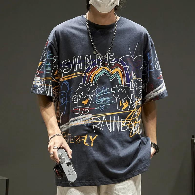 Short-sleeved Men's Graffiti Print Loose Five-point Sleeves Boys Summer Trend Half-sleeved Top