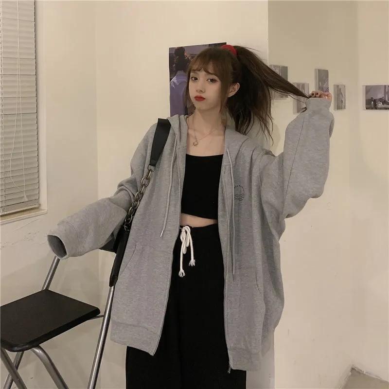 Autumn Hooded Cardigan Sweater Female Student Mid-length Top Coat Ins Korean Version Loose All-match Jacket Zipper Coat Long-sleeved Hooded Sweater