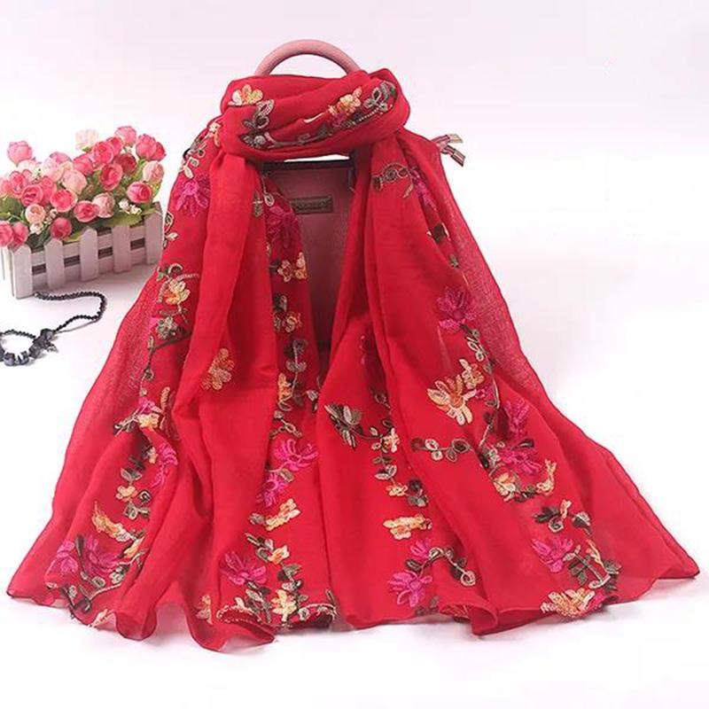 Women's Embroidered Scarf Korean Style Acrylic Embroidered Scarf Chiffon Long All-match Gauze Scarf Four Seasons Silk Scarf Shawl