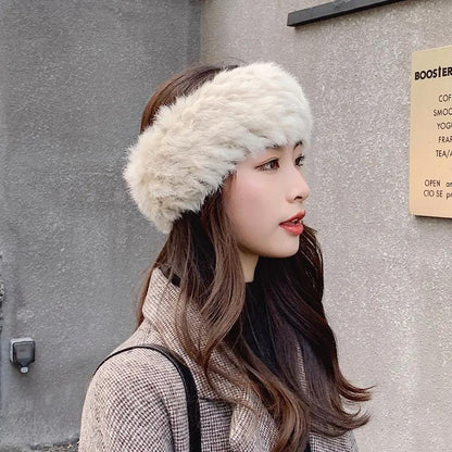 Women's Rabbit Fur Hat Autumn and Winter Korean Version Warmth Wide Side Cold-proof Thickened Headband Cap Fluffy Rabbit Fur Hat Warm Padded Top Cap