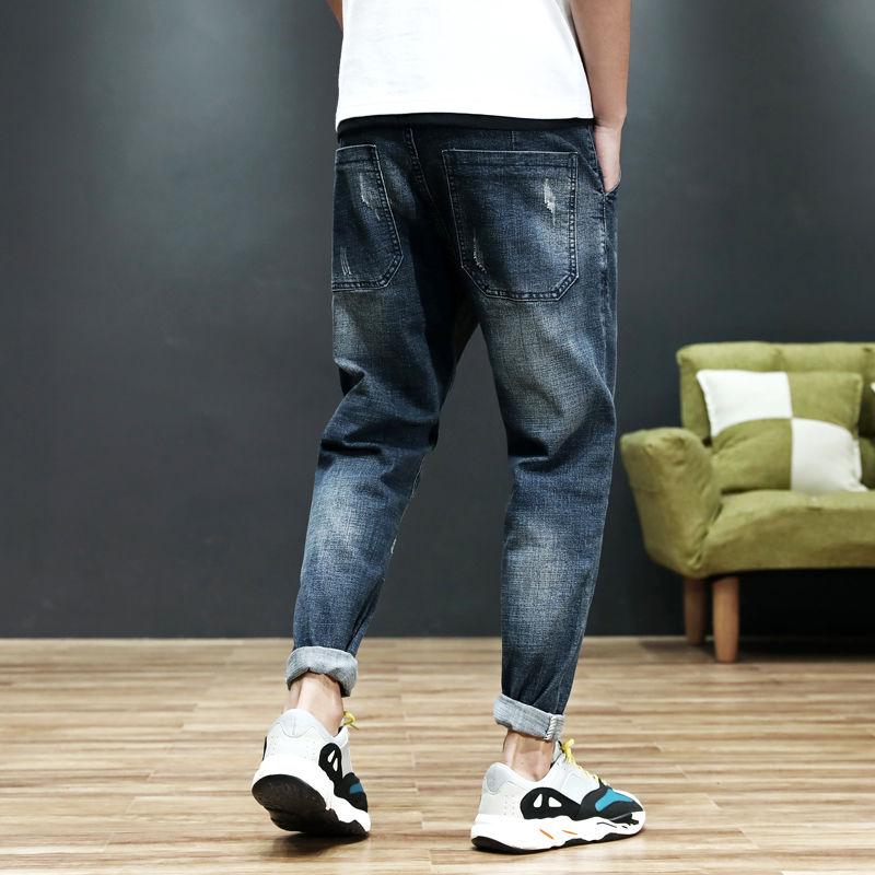 Spring and Autumn Men's Denim Harem Pants Fashion Cropped Pants Loose Large Size Elastic Feet Casual Wear