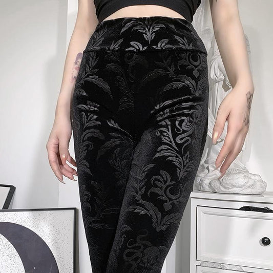 Dark Gothic Slim Fleece Legging Women Sexy Black Suede Embossing Long Skinny Legging Goth Indie Big Flower Printed Bottoms