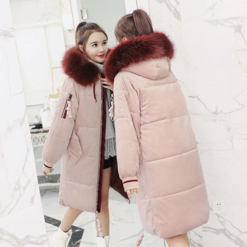 Women's Solid Color Down Jacket Mid-length Korean Loose Thick Coat Warm Cotton Coat Big Fur Collar Winter Clothes Quilted Coat