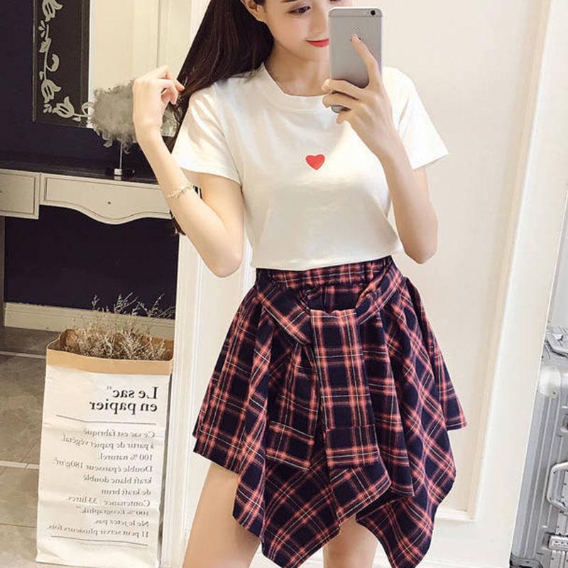 Spring and Summer Fashion Solid Color Suit Skirt Women's Short-sleeved T-shirt High Waist Irregular Plaid Skirt Two Pieces